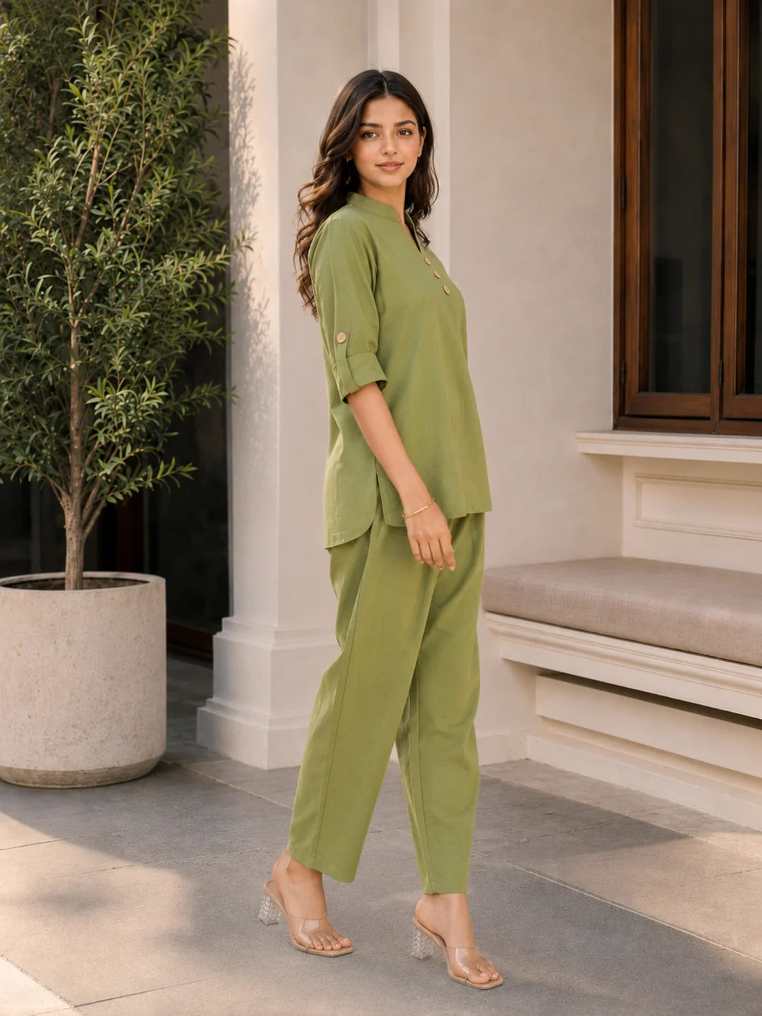 Parrot Green Cotton Flex Co-Ord Set with Mandarin Collar & Stitched Button Details
