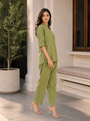 Parrot Green Cotton Flex Co-Ord Set with Mandarin Collar & Stitched Button Details