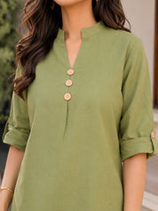 Parrot Green Cotton Flex Co-Ord Set with Mandarin Collar & Stitched Button Details