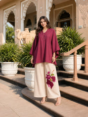 Magenta Pink Embellished V-Neck Co-Ord Set in Cotton Flex