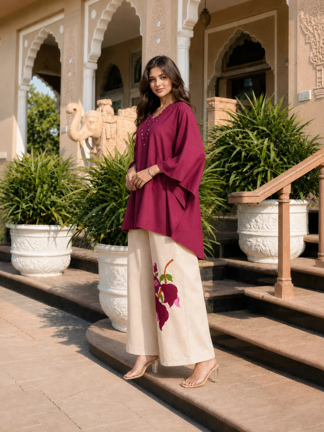 Magenta Pink Embellished V-Neck Co-Ord Set in Cotton Flex