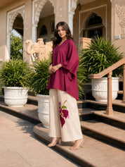 Magenta Pink Embellished V-Neck Co-Ord Set in Cotton Flex