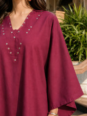 Magenta Pink Embellished V-Neck Co-Ord Set in Cotton Flex