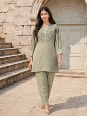 Sage Green Embroidered Button-Front Co-Ord Set in Viscose Rayon