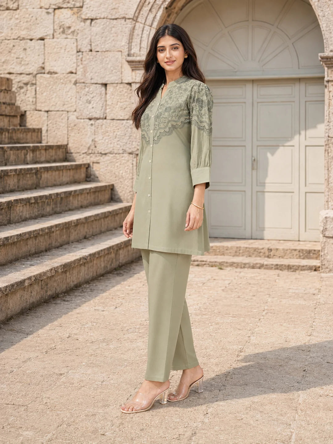 Sage Green Embroidered Button-Front Co-Ord Set in Viscose Rayon