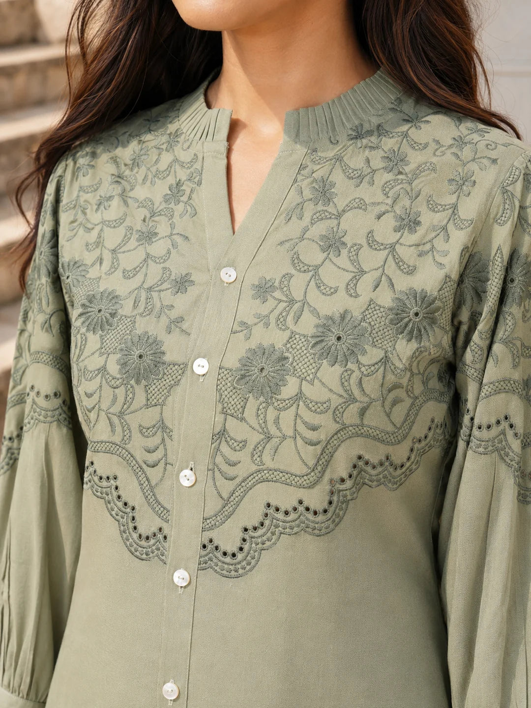 Sage Green Embroidered Button-Front Co-Ord Set in Viscose Rayon
