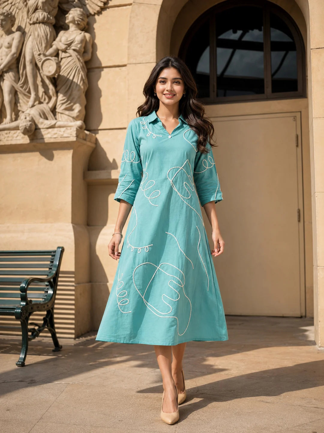 Middle Blue Abstract Cord Work Midi Dress in Cotton Cambric