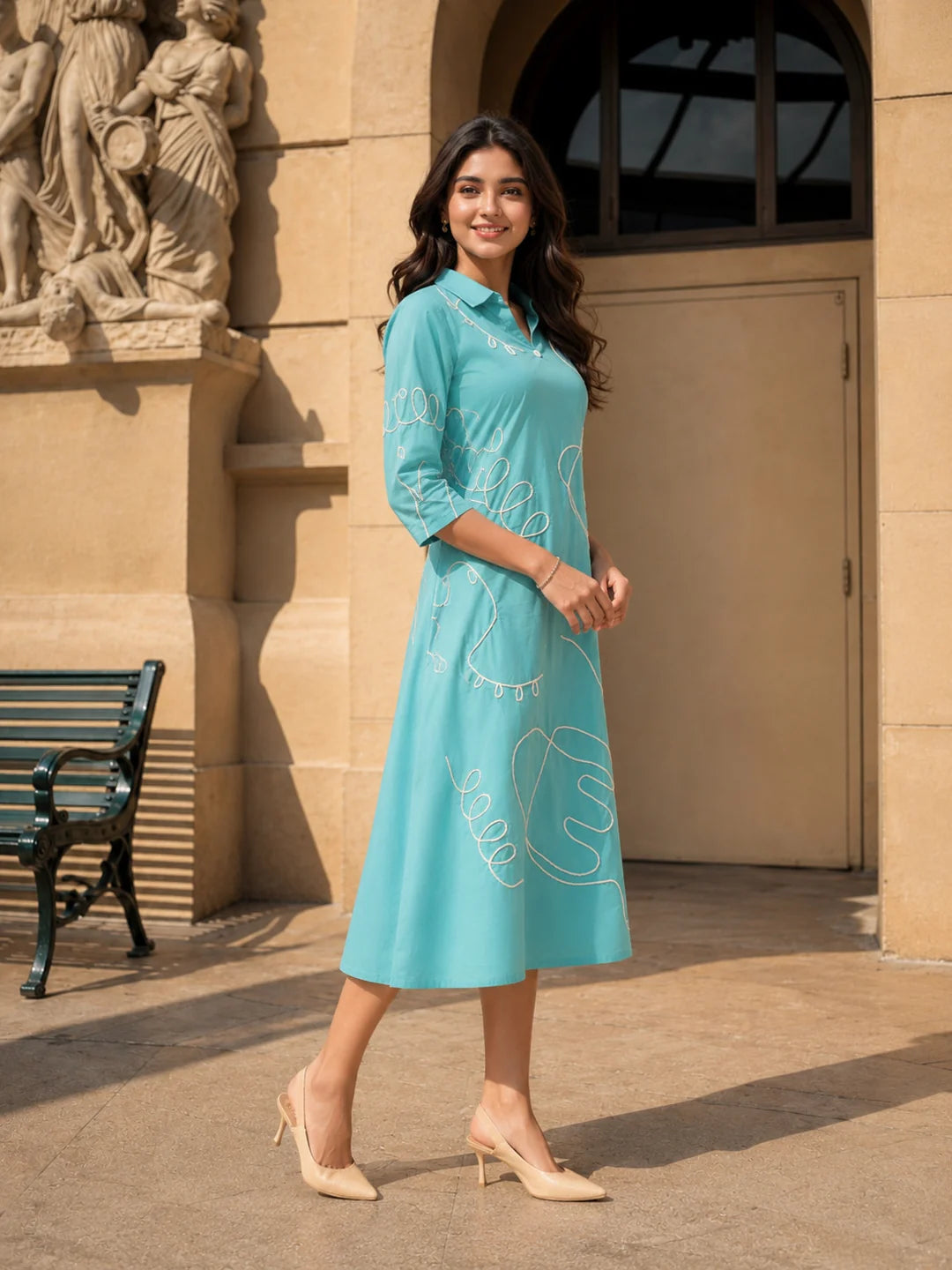 Middle Blue Abstract Cord Work Midi Dress in Cotton Cambric