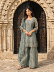 Bluish Grey Embroidered Kurta Set with Dupatta in Crushed Tissue