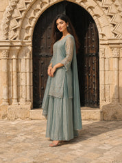 Bluish Grey Embroidered Kurta Set with Dupatta in Crushed Tissue
