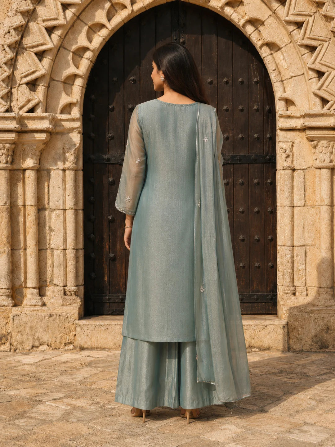 Bluish Grey Embroidered Kurta Set with Dupatta in Crushed Tissue