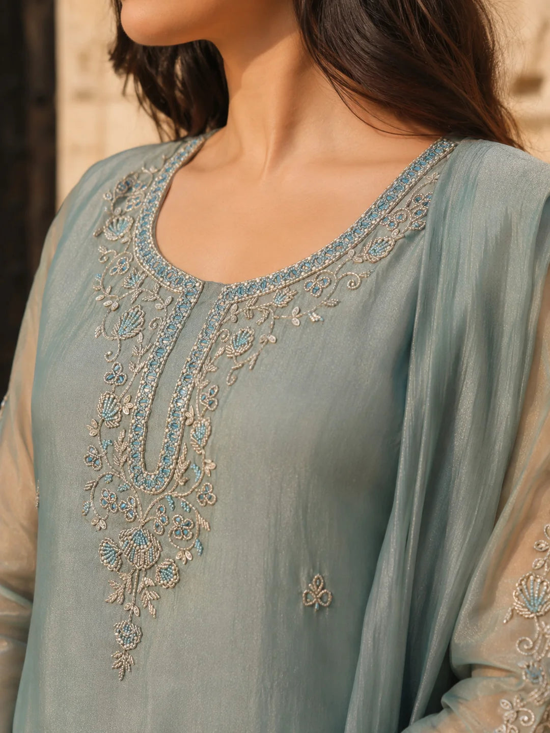 Bluish Grey Embroidered Kurta Set with Dupatta in Crushed Tissue