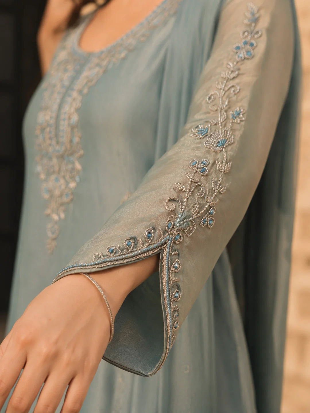 Bluish Grey Embroidered Kurta Set with Dupatta in Crushed Tissue