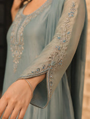 Bluish Grey Embroidered Kurta Set with Dupatta in Crushed Tissue