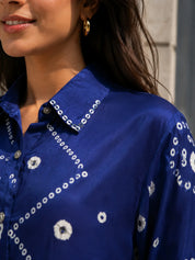 Blue Sequin Embellished Bandhani Printed Shirt in Crepe