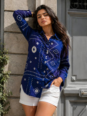Blue Sequin Embellished Bandhani Printed Shirt in Crepe