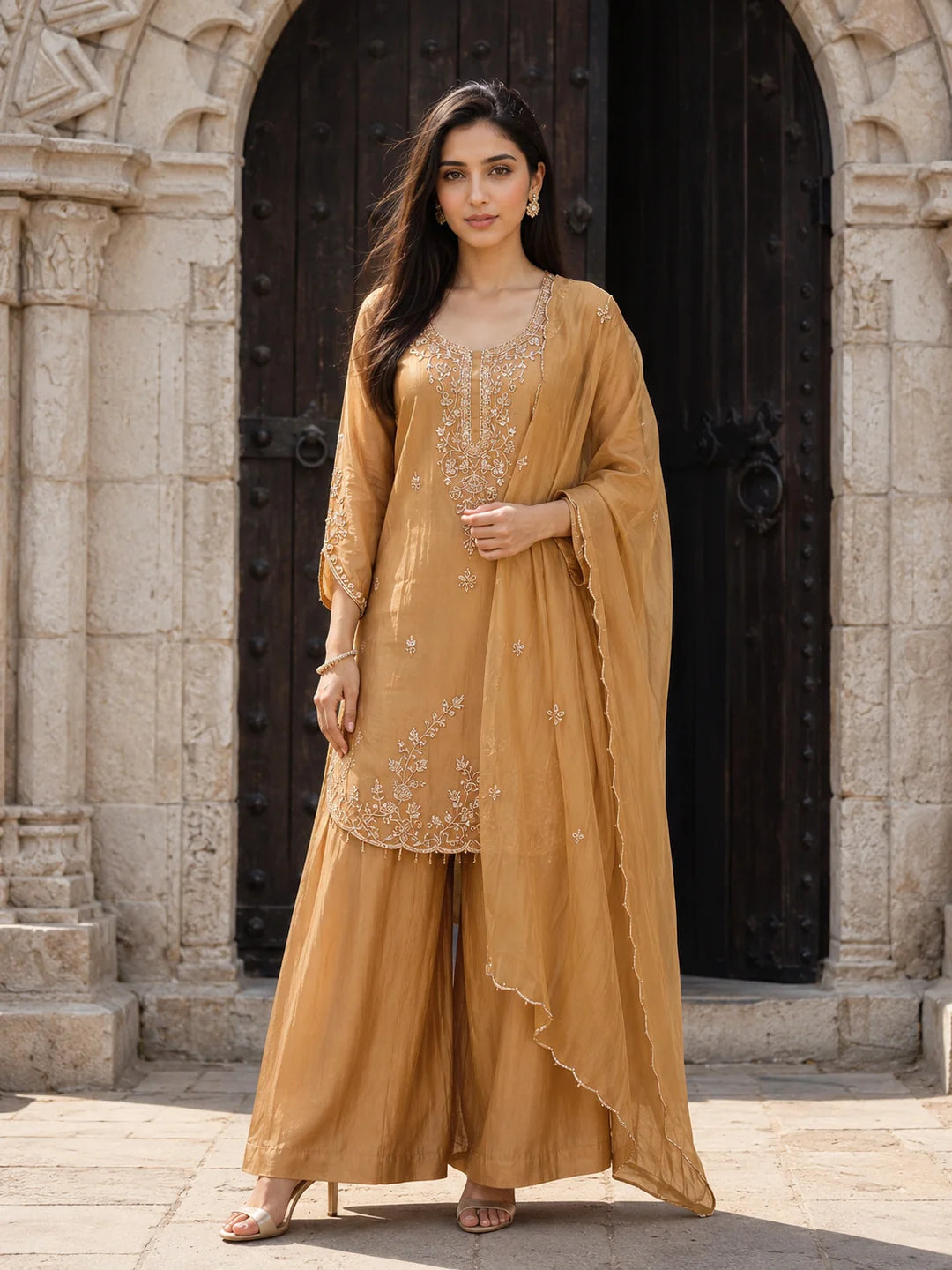 Caramel Embroidered Kurta Set with Dupatta in Crushed Tissue