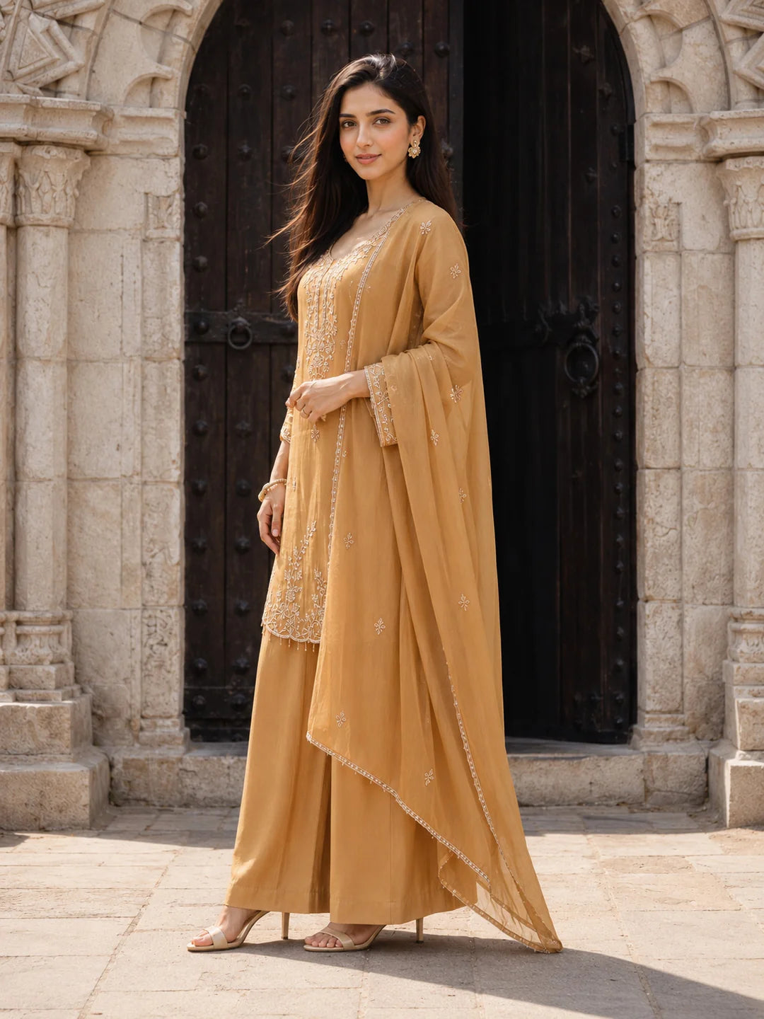Caramel Embroidered Kurta Set with Dupatta in Crushed Tissue