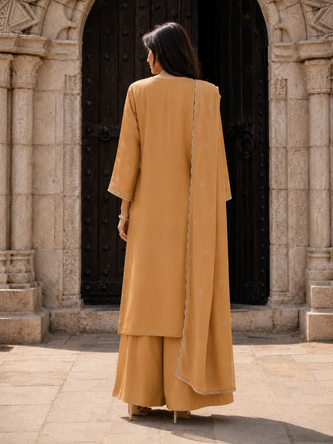 Caramel Embroidered Kurta Set with Dupatta in Crushed Tissue