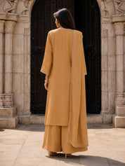 Caramel Embroidered Kurta Set with Dupatta in Crushed Tissue
