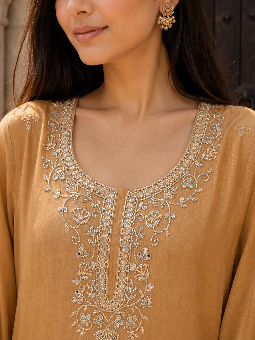 Caramel Embroidered Kurta Set with Dupatta in Crushed Tissue