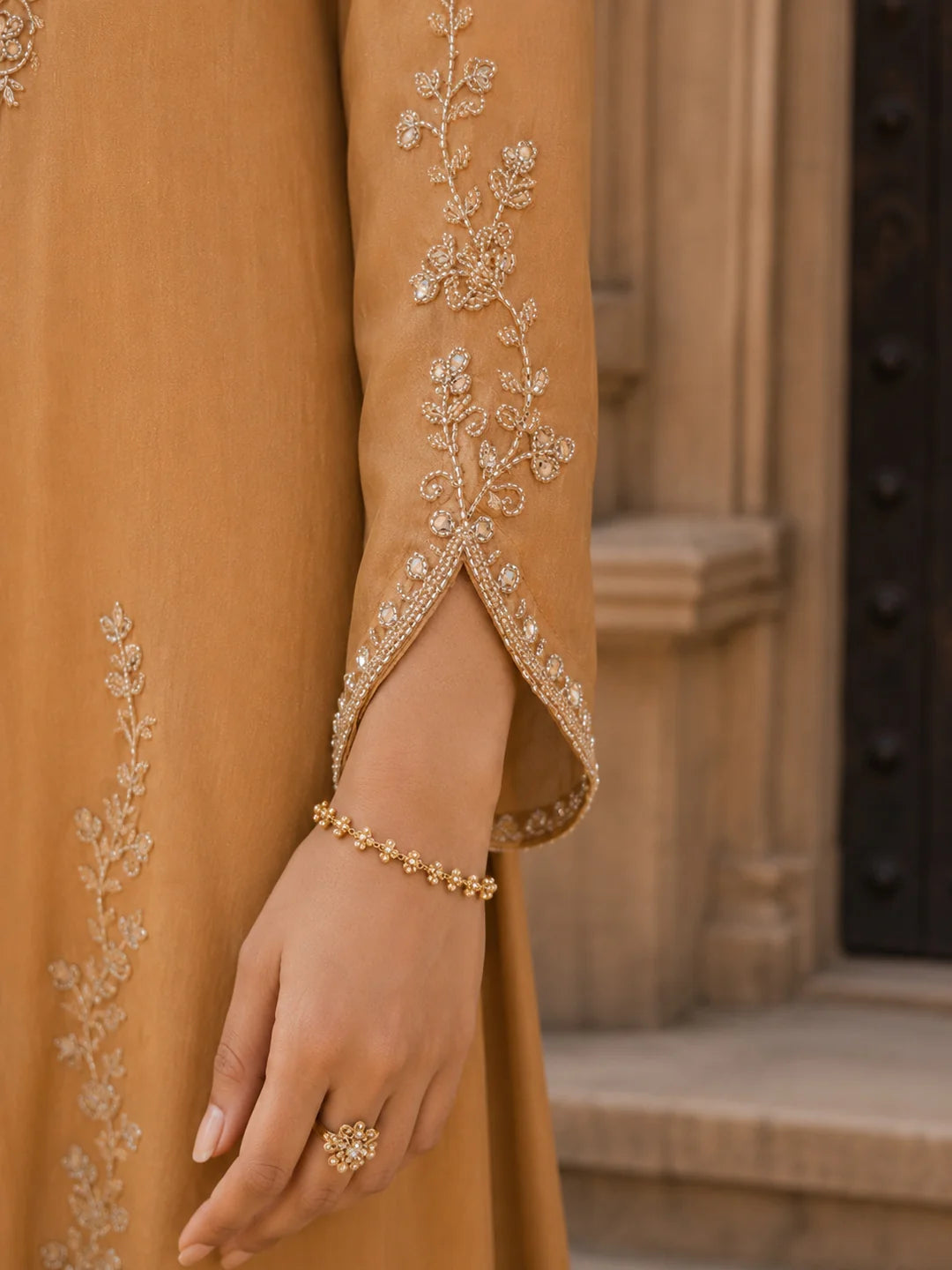 Caramel Embroidered Kurta Set with Dupatta in Crushed Tissue