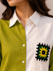 Parrot Green & White Crochet Patch Co-ord Set in Cotton Poplin