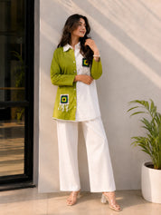 Parrot Green & White Crochet Patch Co-ord Set in Cotton Poplin