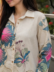 Beige Base Multicolor Floral Printed Co-ord Set in Handloom Cotton