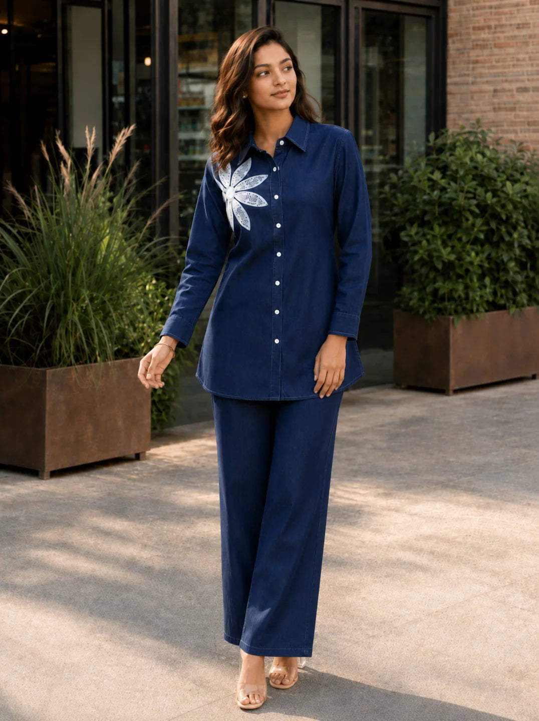Blue Floral Embroidered Co-ord Set in Cotton Denim