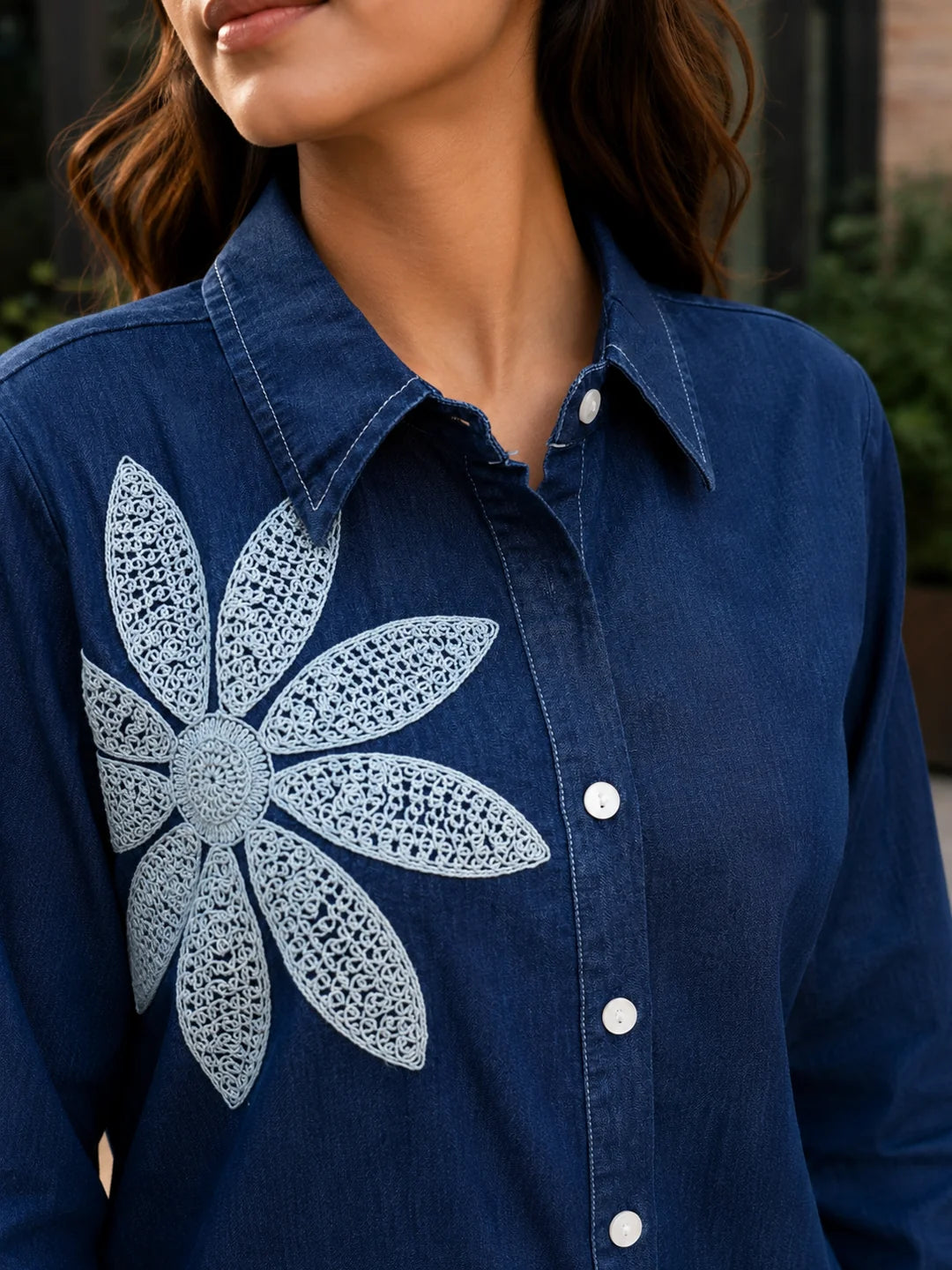 Blue Floral Embroidered Co-ord Set in Cotton Denim