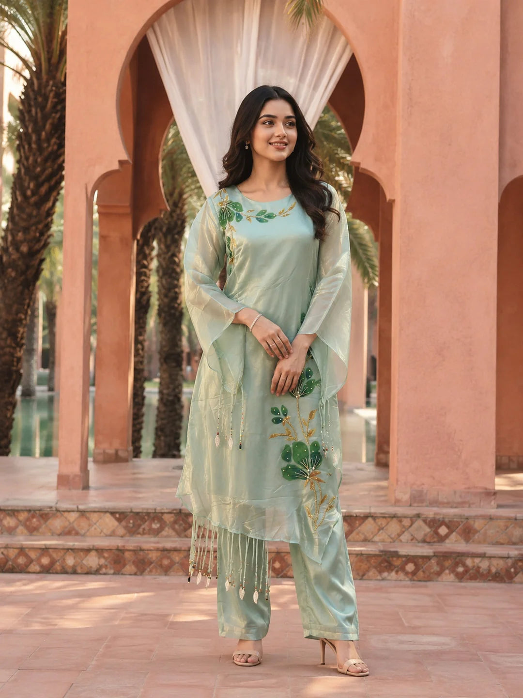 Sea Green Bead & Sequin Embellished Co-ord Set in Organza