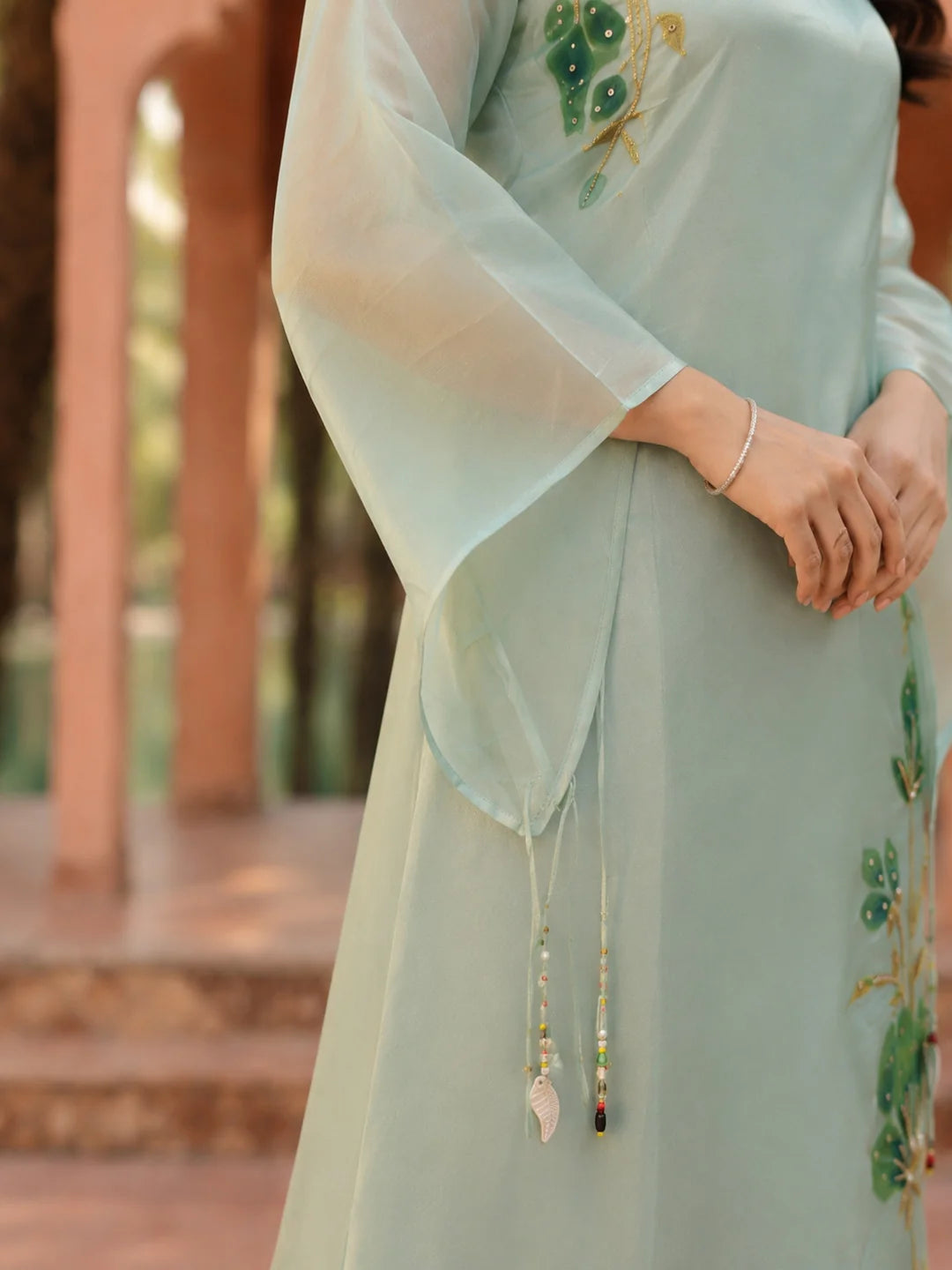 Sea Green Bead & Sequin Embellished Co-ord Set in Organza