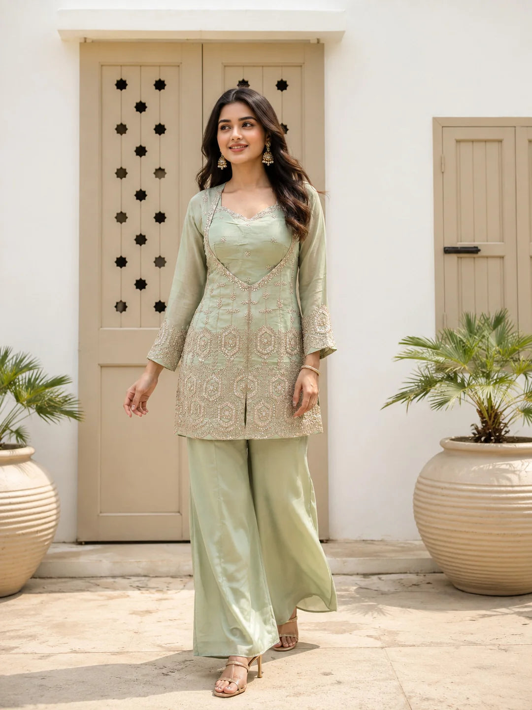 Sage Green Sequin & Bead Embroidered 3 Pc Co-ord Set in Tissue