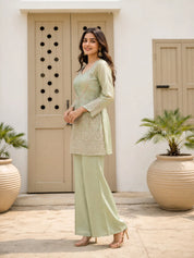 Sage Green Sequin & Bead Embroidered 3 Pc Co-ord Set in Tissue