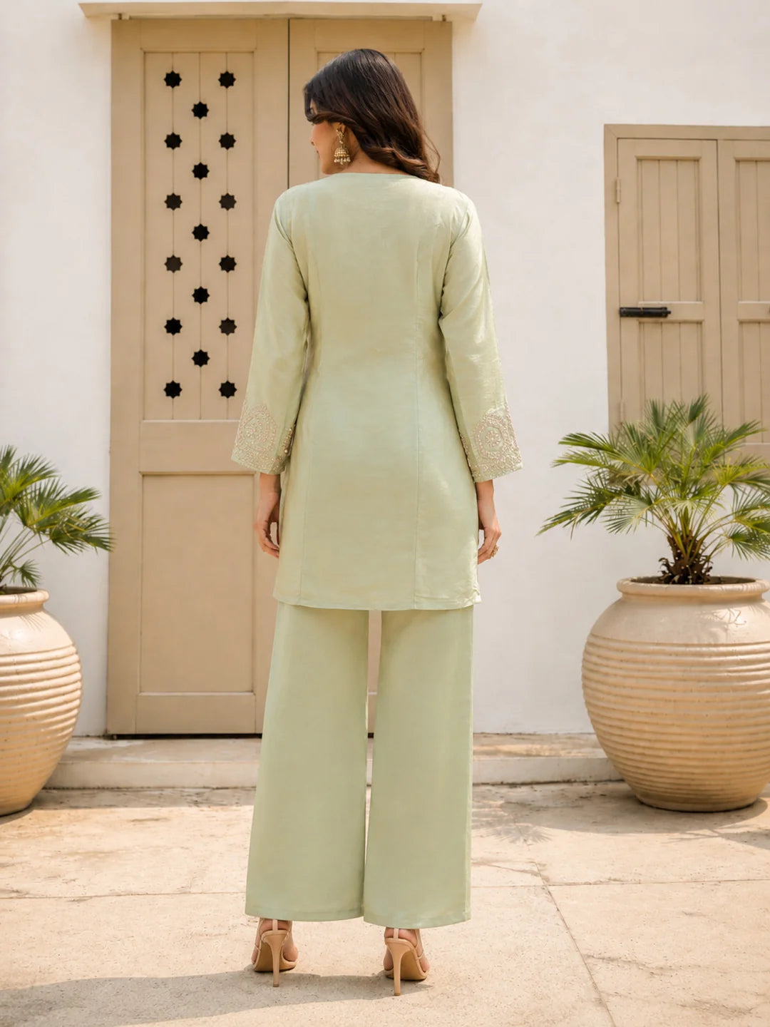 Sage Green Sequin & Bead Embroidered 3 Pc Co-ord Set in Tissue