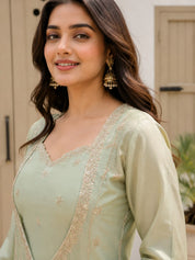 Sage Green Sequin & Bead Embroidered 3 Pc Co-ord Set in Tissue