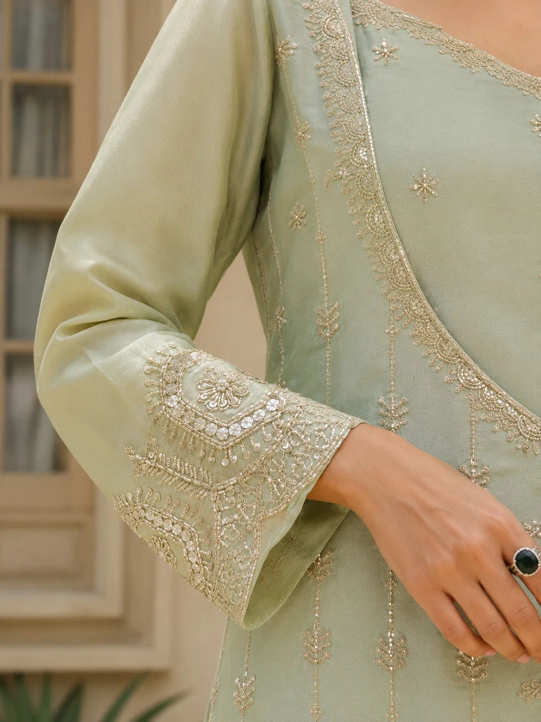 Sage Green Sequin & Bead Embroidered 3 Pc Co-ord Set in Tissue