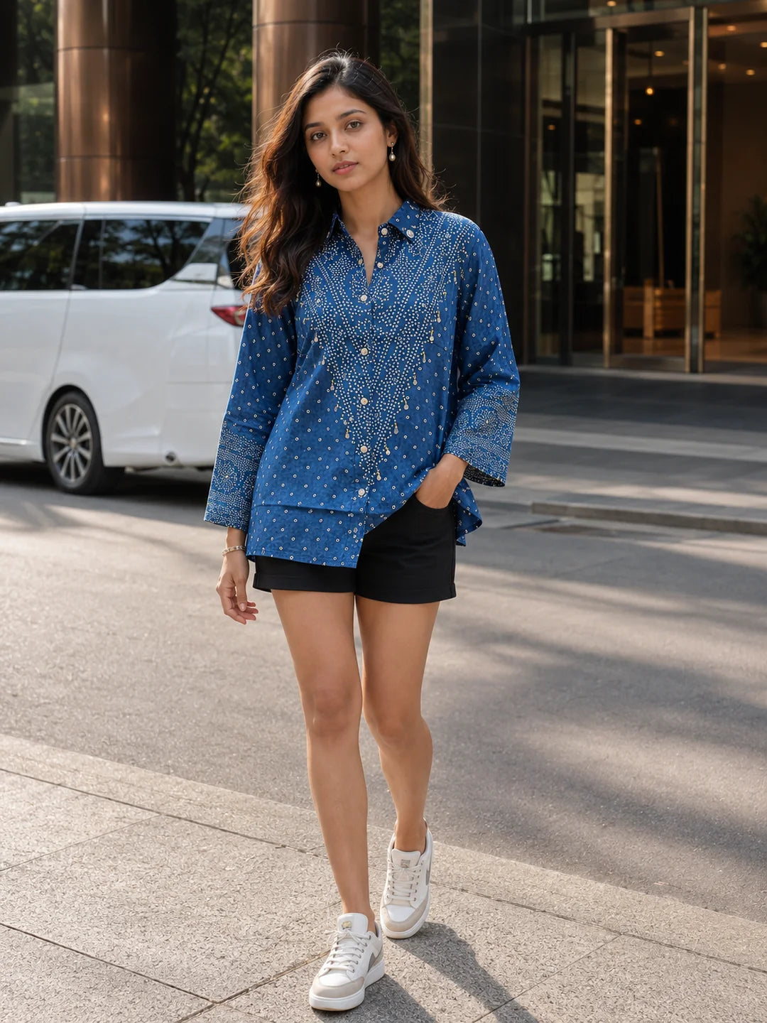 Blue Metal Embellished Bandhani Printed Shirt in Crepe