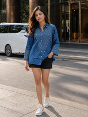 Blue Metal Embellished Bandhani Printed Shirt in Crepe