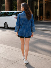 Blue Metal Embellished Bandhani Printed Shirt in Crepe