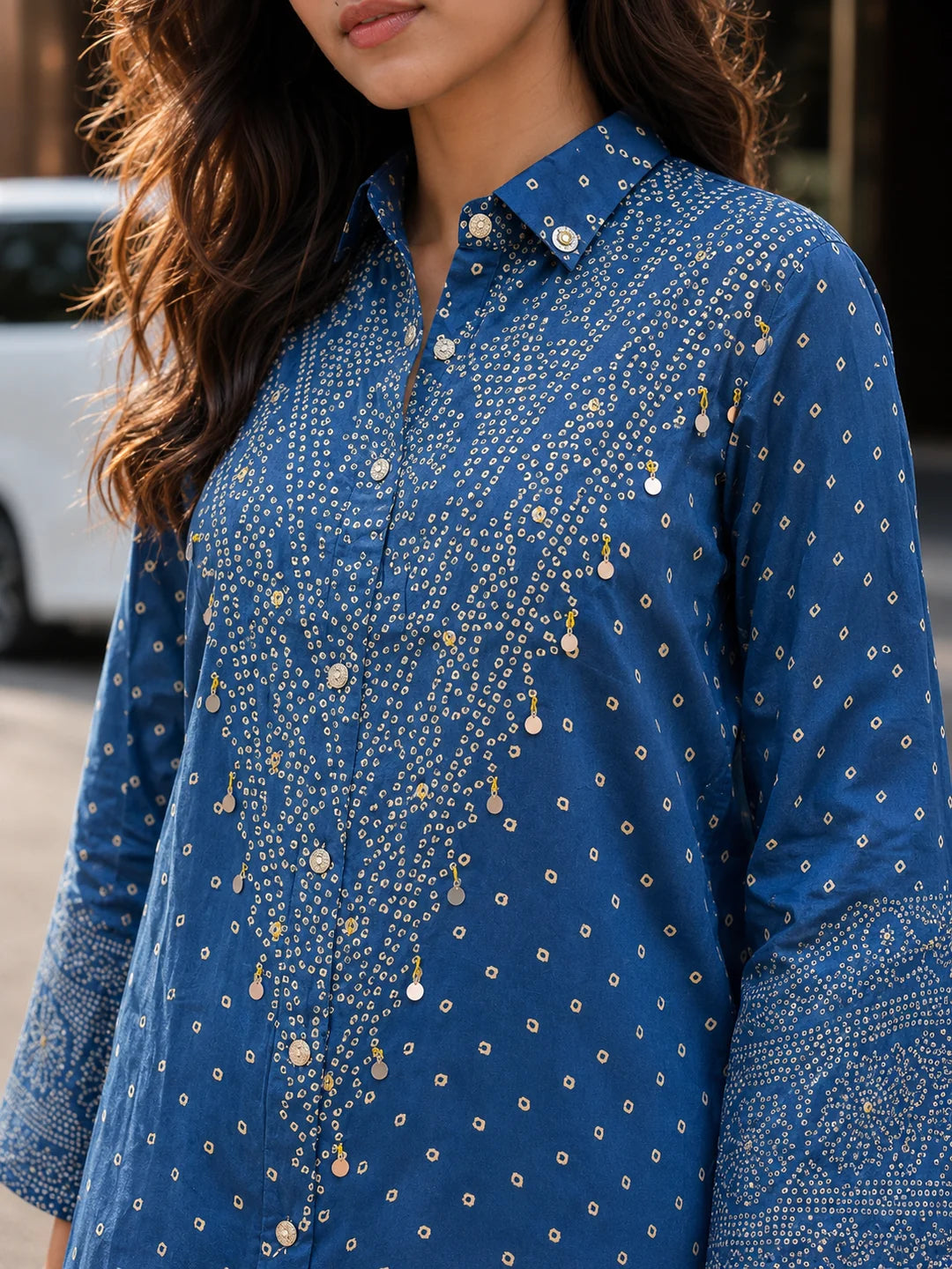 Blue Metal Embellished Bandhani Printed Shirt in Crepe