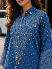 Blue Metal Embellished Bandhani Printed Shirt in Crepe