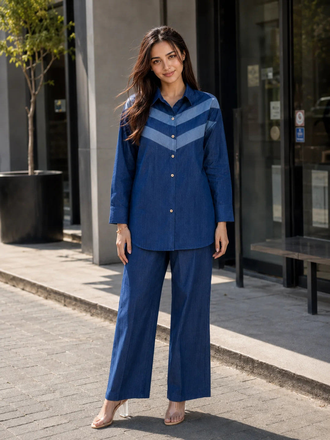 Denim Contrast Diagonal Stripe Co-ord Set in Cotton Denim