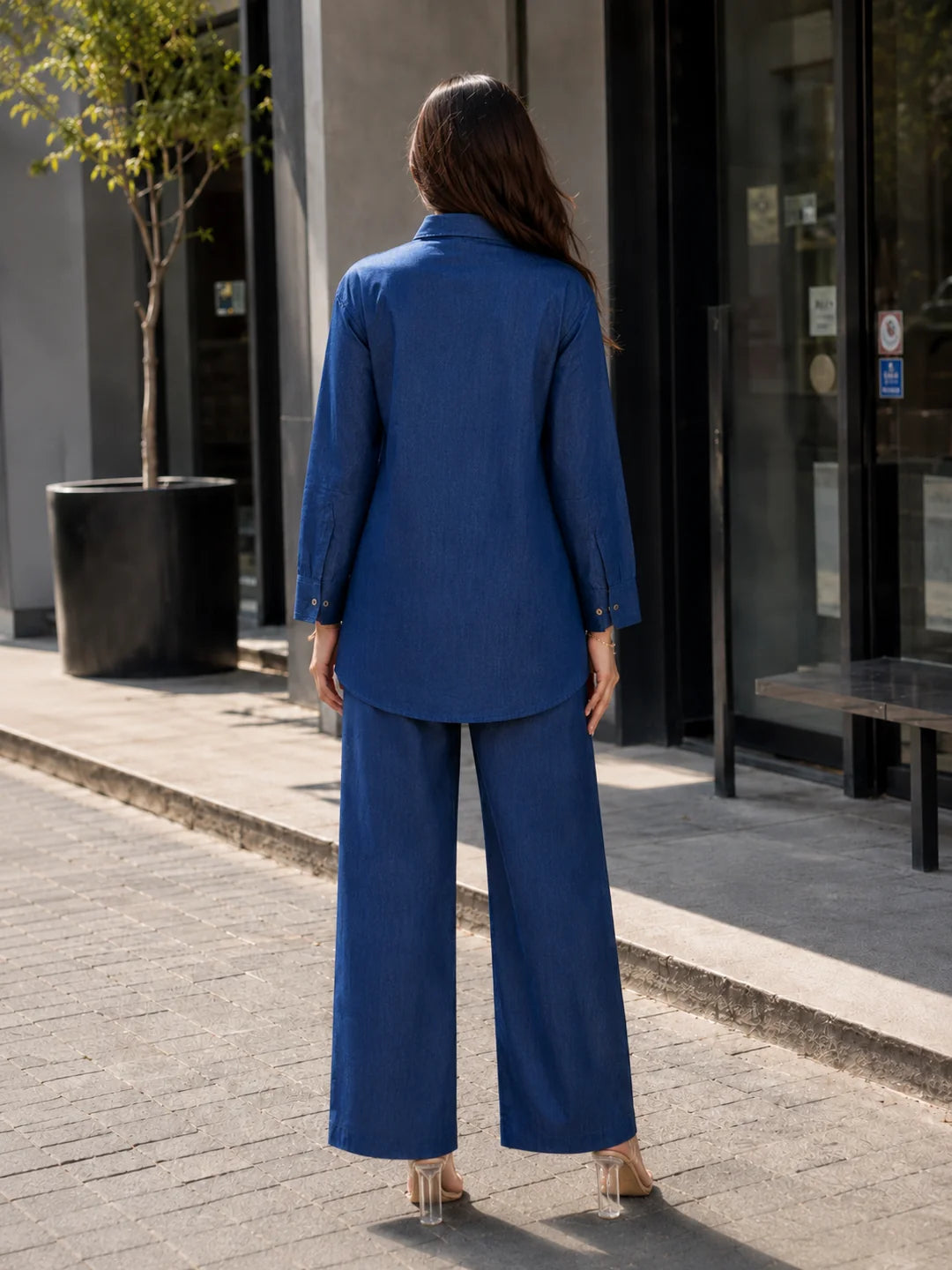 Denim Contrast Diagonal Stripe Co-ord Set in Cotton Denim
