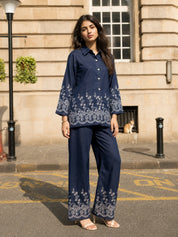 Blue Eyelet Embroidered Co-ord Set in Cotton Denim