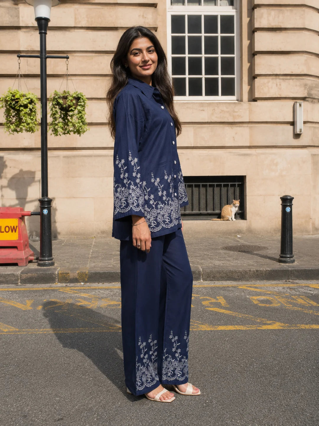 Blue Eyelet Embroidered Co-ord Set in Cotton Denim
