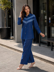 Denim Contrast Diagonal Stripe Co-ord Set in Cotton Denim