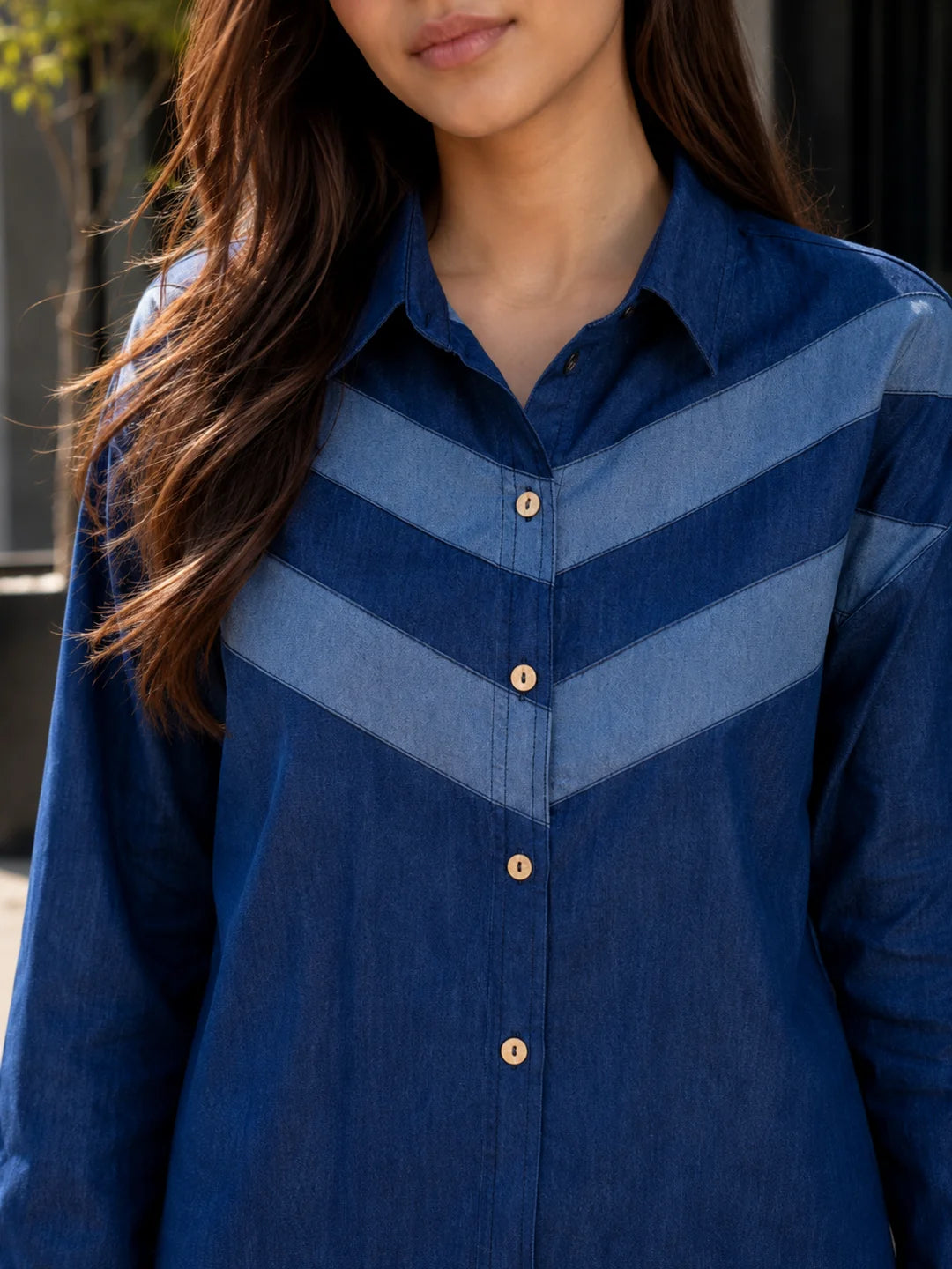 Denim Contrast Diagonal Stripe Co-ord Set in Cotton Denim