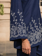 Blue Eyelet Embroidered Co-ord Set in Cotton Denim